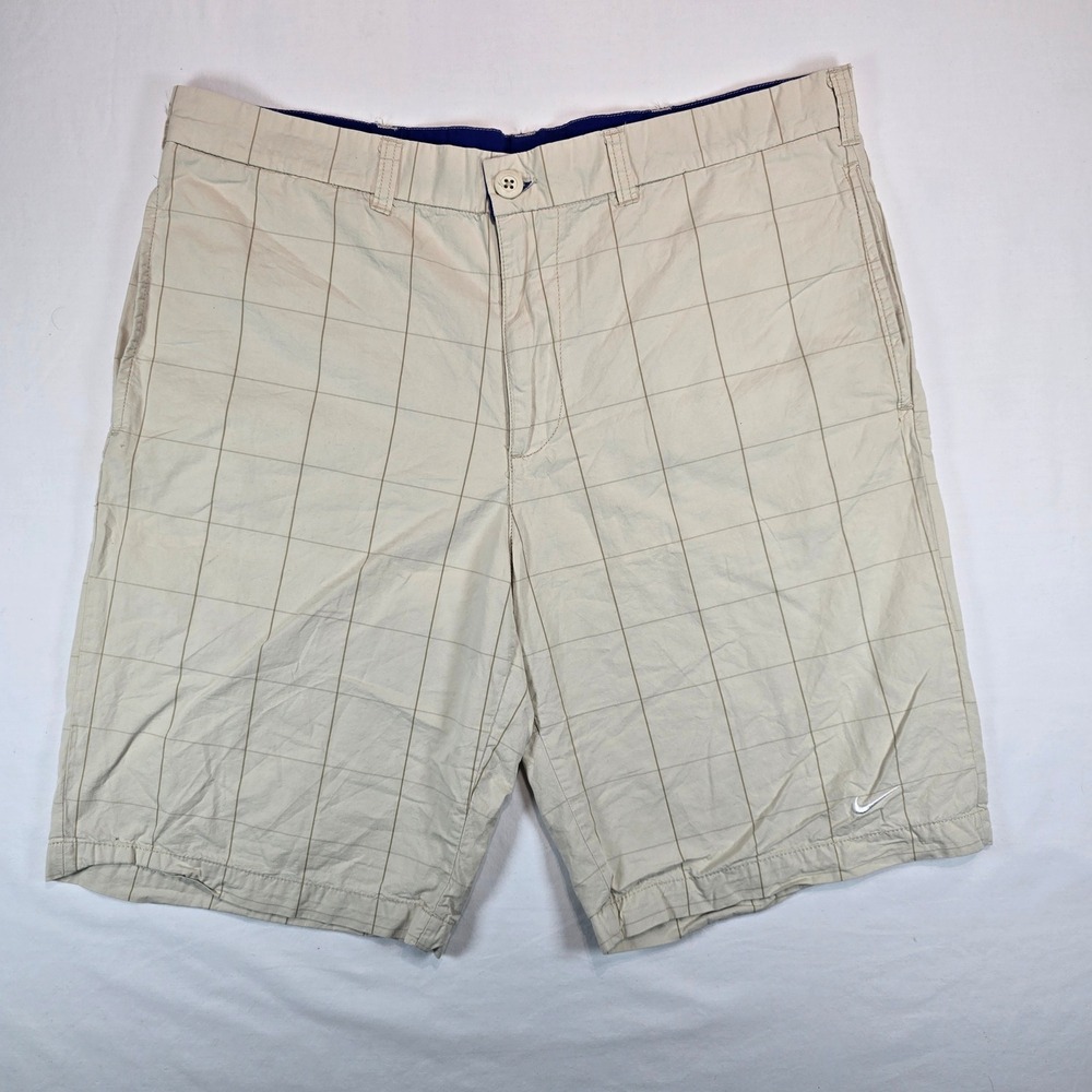 Vintage Nike The Athletic Dept Mens 34 Beige Grid Check Cotton Shorts 402774-201